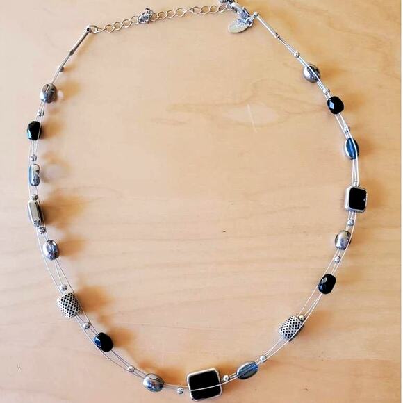 Lia Sophia Multi Strand Tiered Beaded Necklace Black Silver Blue Tone - Picture 7 of 7